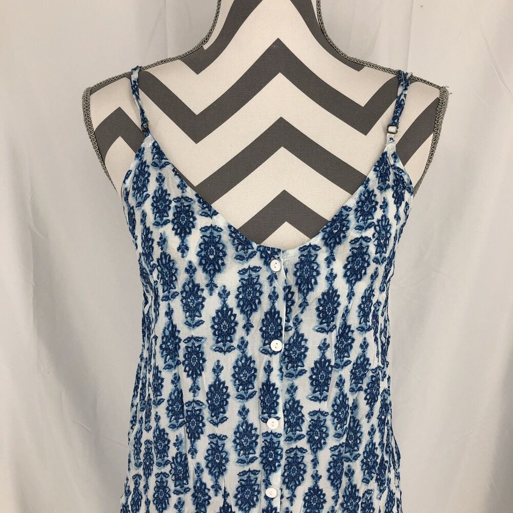 Rusty White Blue Floral Sleeveless Button Up Tunic Tank Top